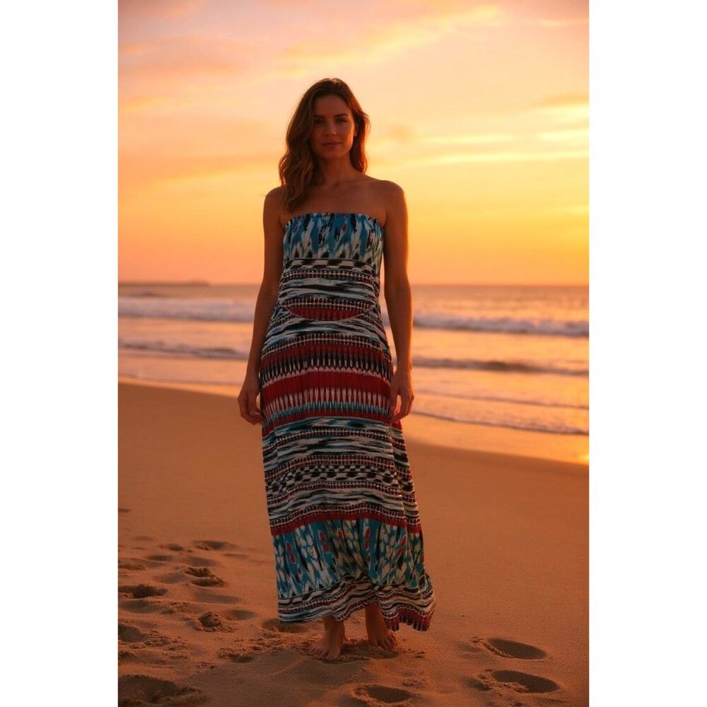 Red Teal Mixed Print Strapless Maxi Dress Size S M Summer Beach Wedding Party - Picture 9 of 9